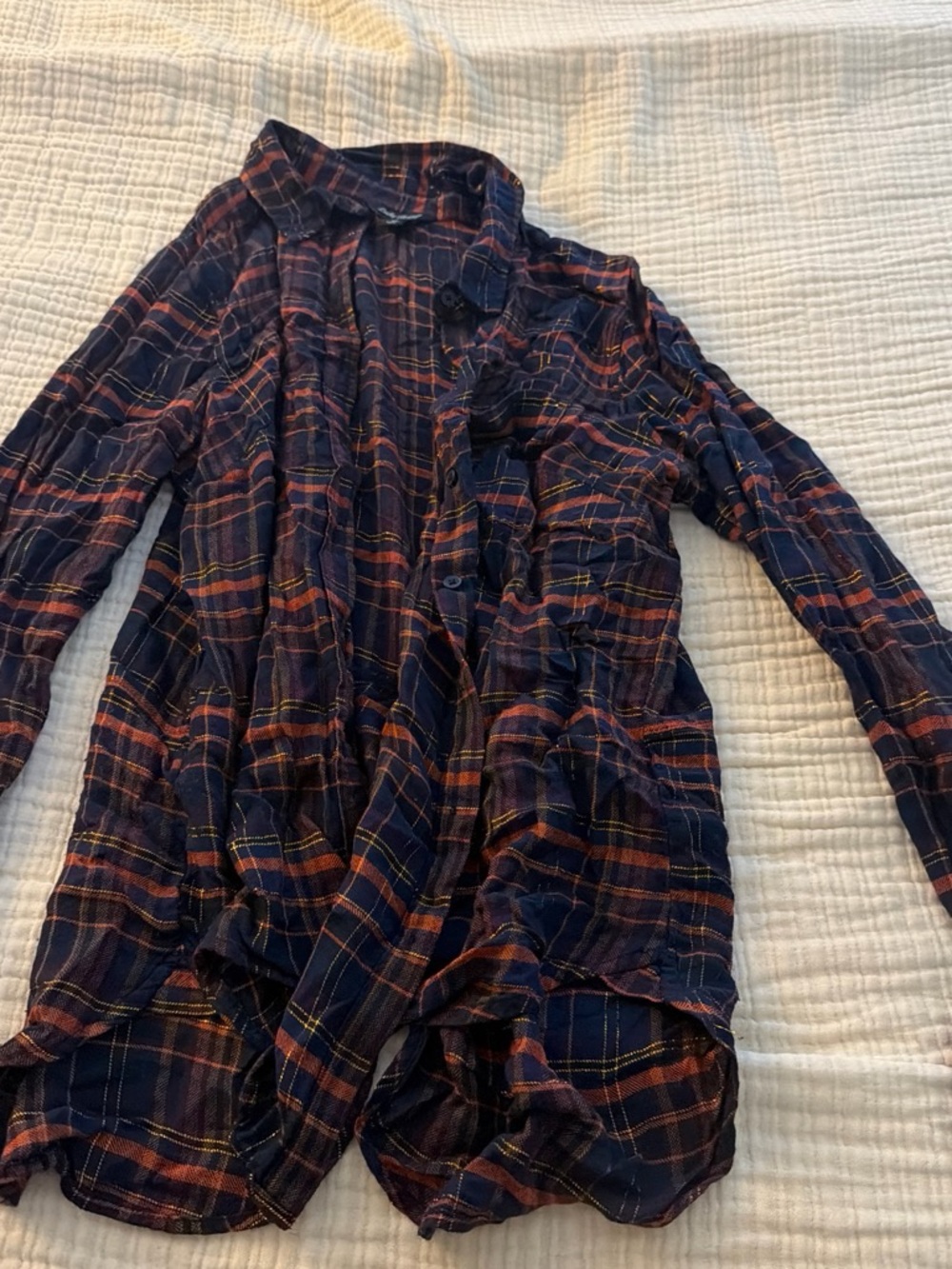 Lucky Brand Navy Plaid Button-Up Shirt with Orange and Yellow Stripes